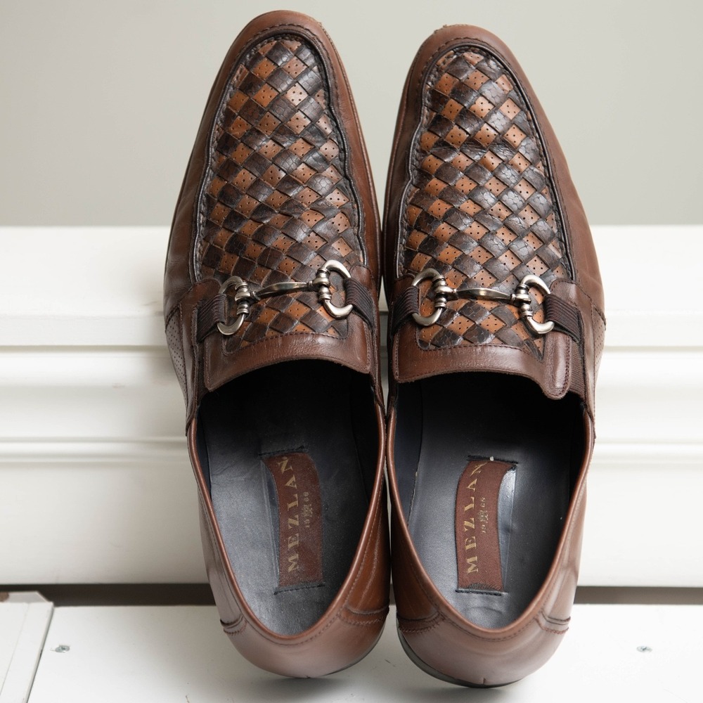 Mezlan Designer‎ Dress Shoes Sz 13 Brown Woven Leather Bit Loafers $475 Luxury